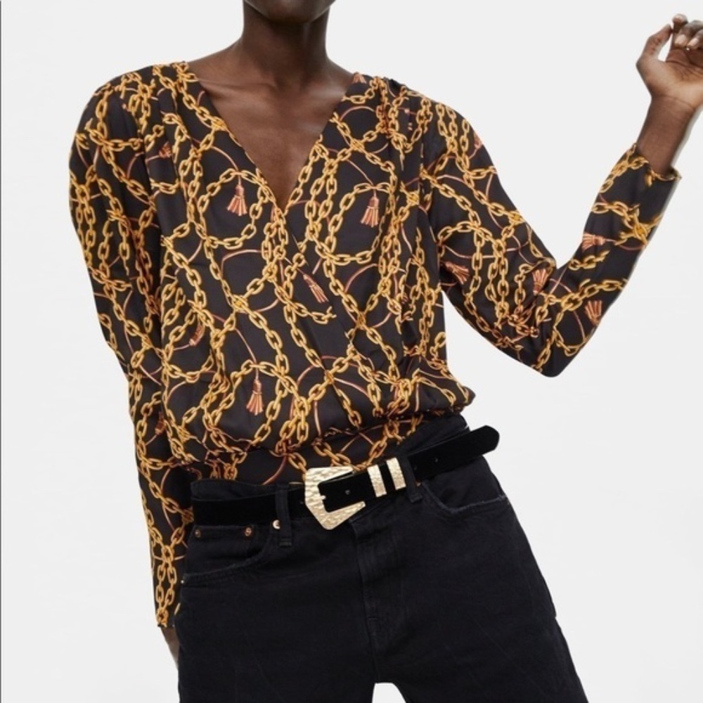 Zara Chain Print Faux Wrap Long-sleeve Bodysuit